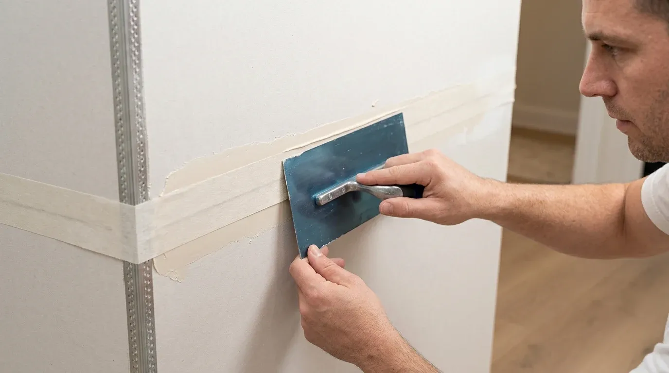 Drywall finisher applying paper joint tape and mud with a finishing trowel to an interior seam