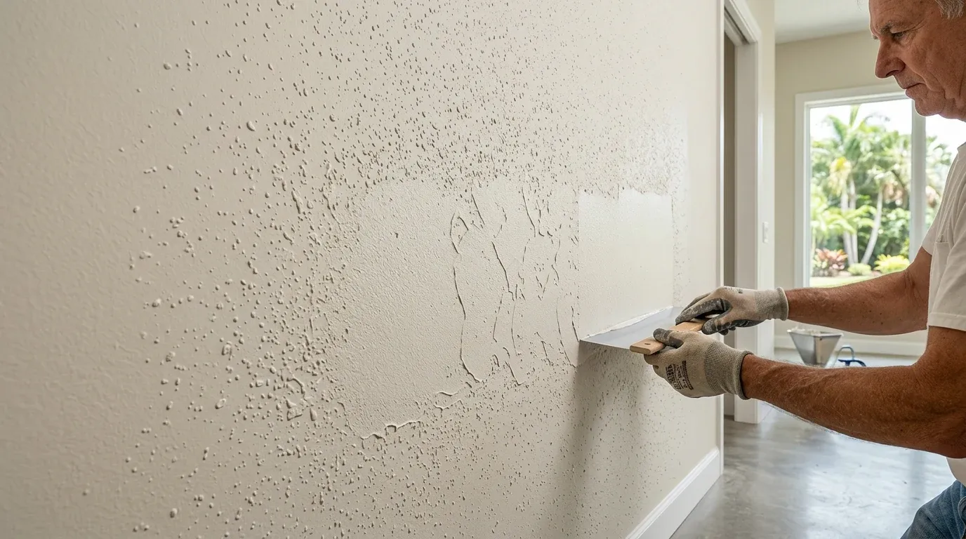 Drywall specialist spraying and knocking down wall texture to match existing Florida home finishes
