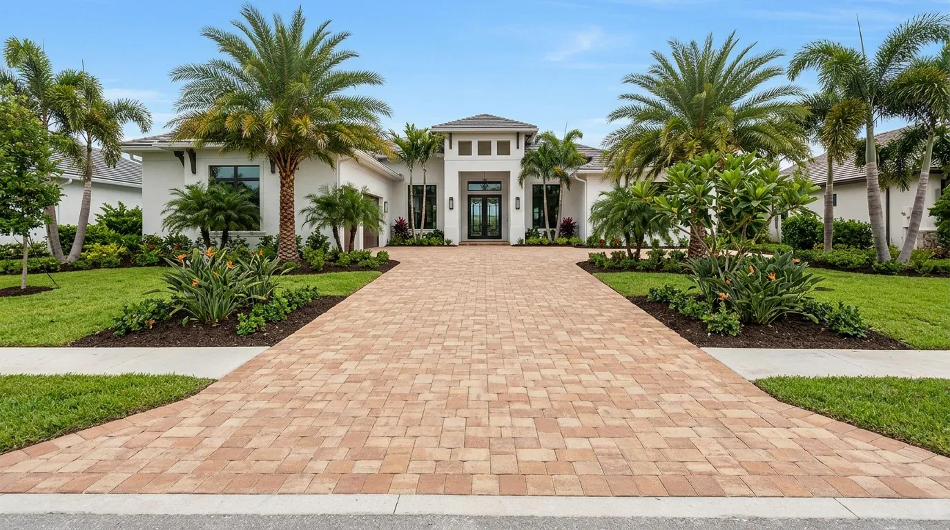Elegant interlocking concrete paver driveway and front walk installation on an upscale Florida home