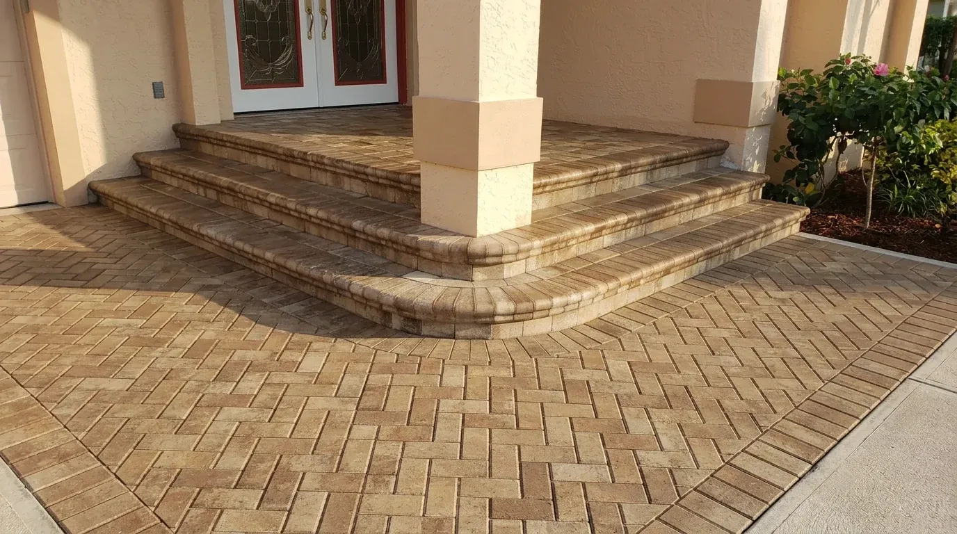 Beautiful herringbone pattern paver driveway leading to a three car garage on a Florida estate