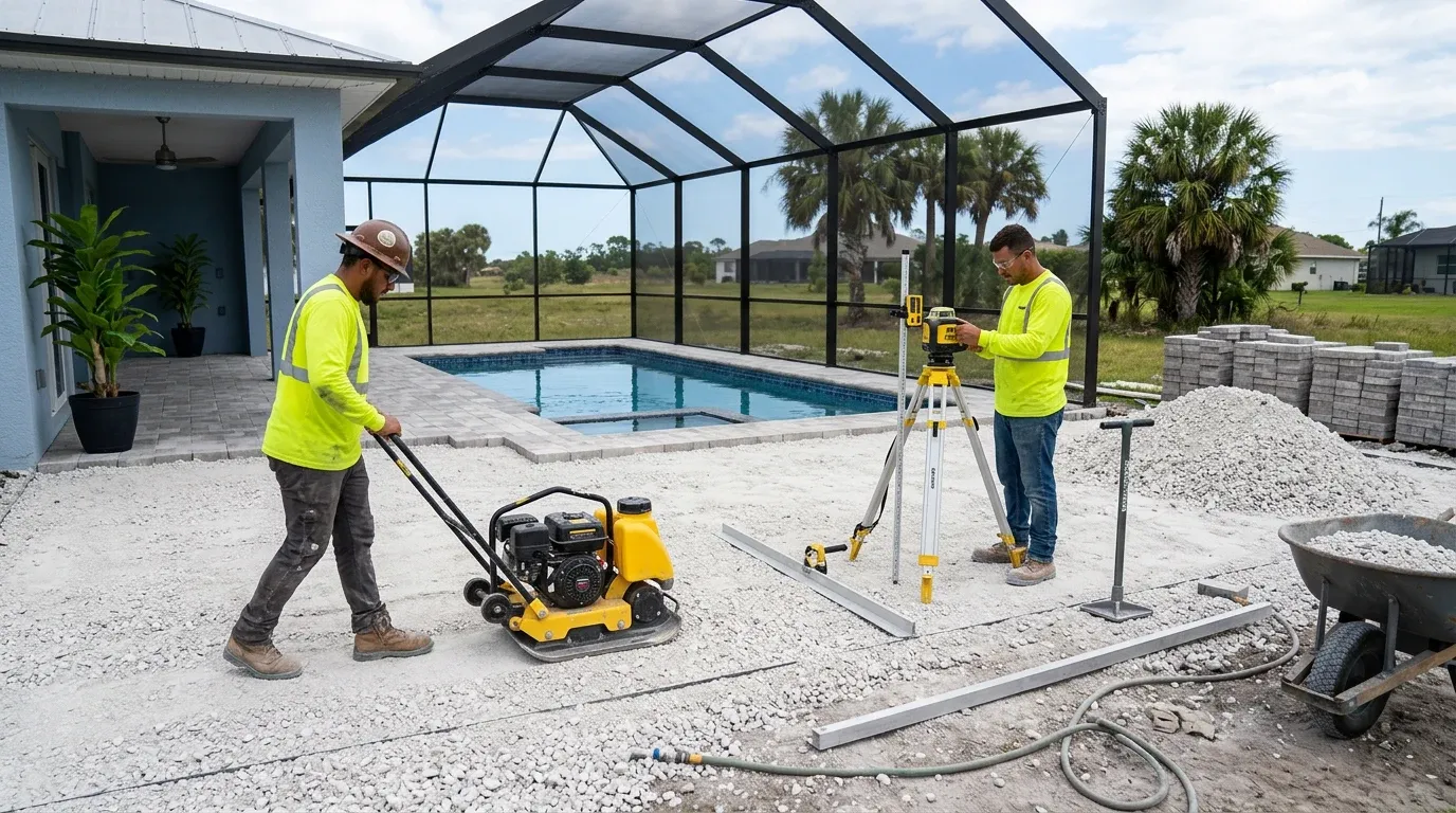 Hardscape crew using a vibratory plate compactor to compress crushed stone base for a paver patio
