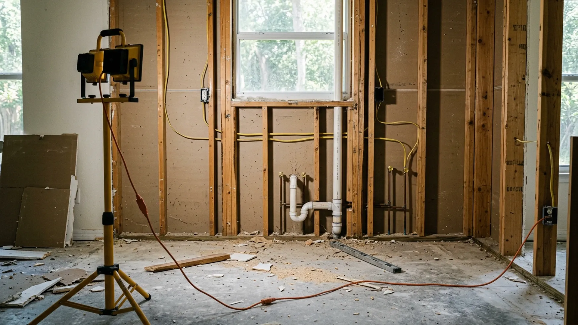 Southwest Florida kitchen during demolition and rough-in with old cabinets removed and walls open
