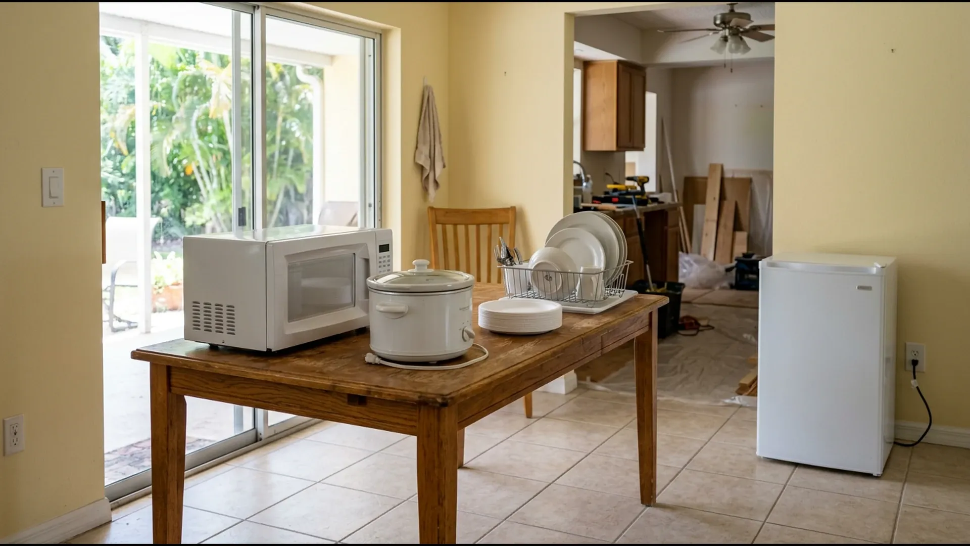 Temporary kitchen in a Florida dining room with microwave, slow cooker and small refrigerator during a remodel
