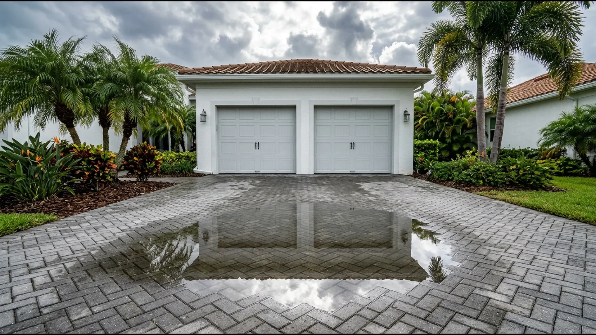 Paver driveway in Southwest Florida with a low settled area holding rainwater after a summer storm