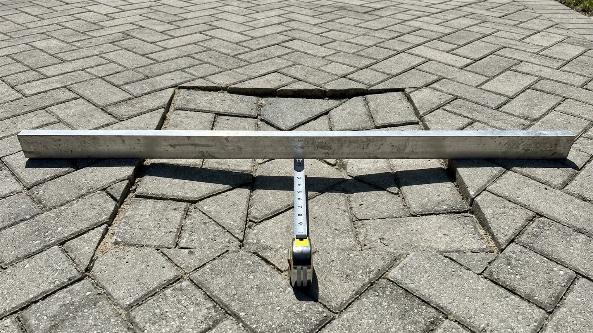 Long straight edge laid across a sunken paver area with a tape measure to check the depth of the dip