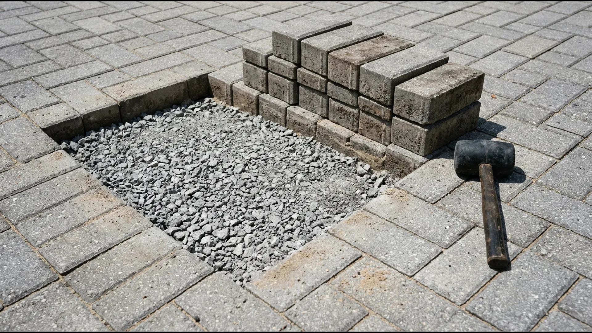 Lifted interlocking pavers stacked beside a stone base patch during a sunken paver repair in Florida