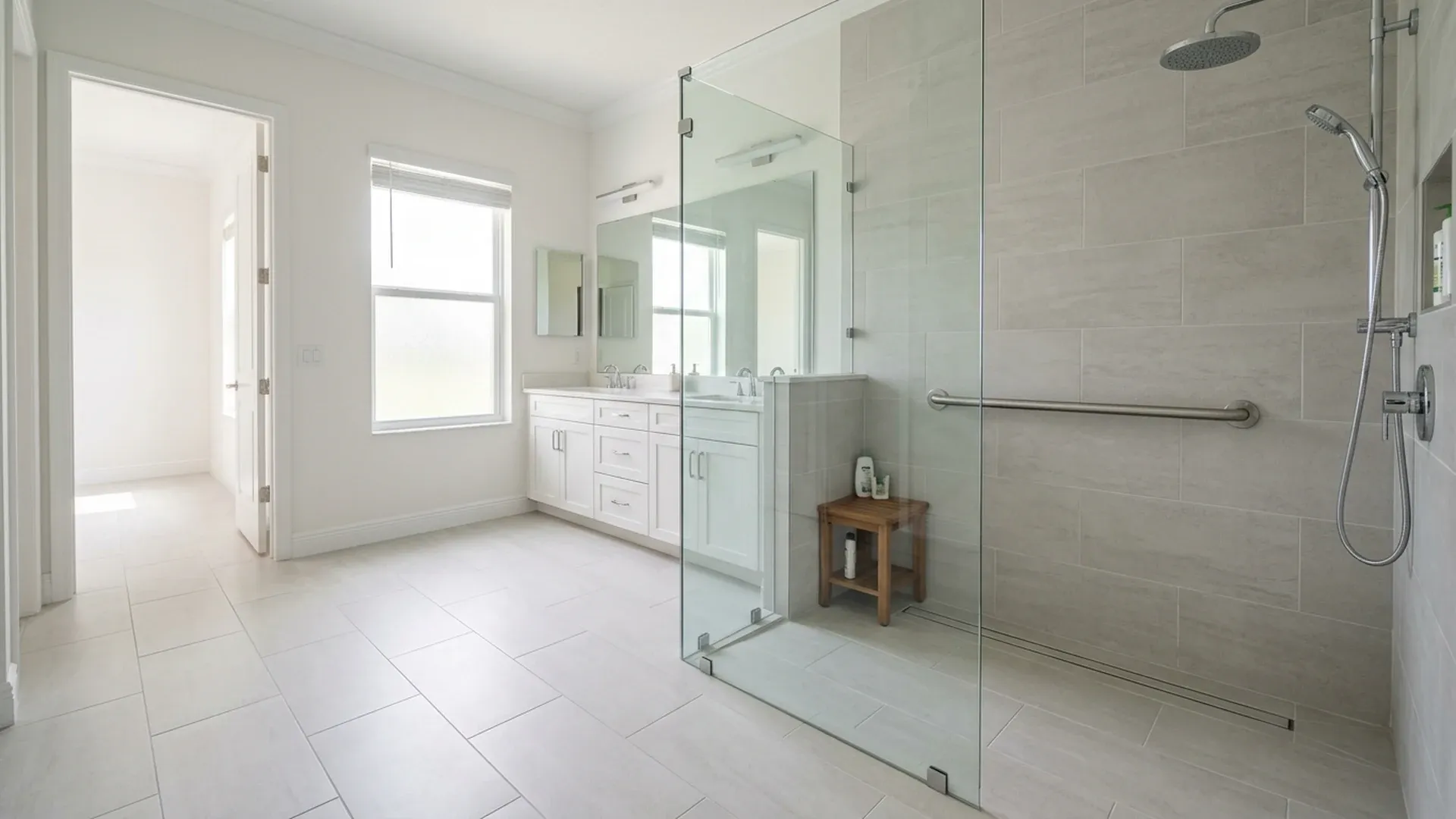Bright Southwest Florida bathroom with a curbless walk-in shower, glass panel and wall-mounted grab bar