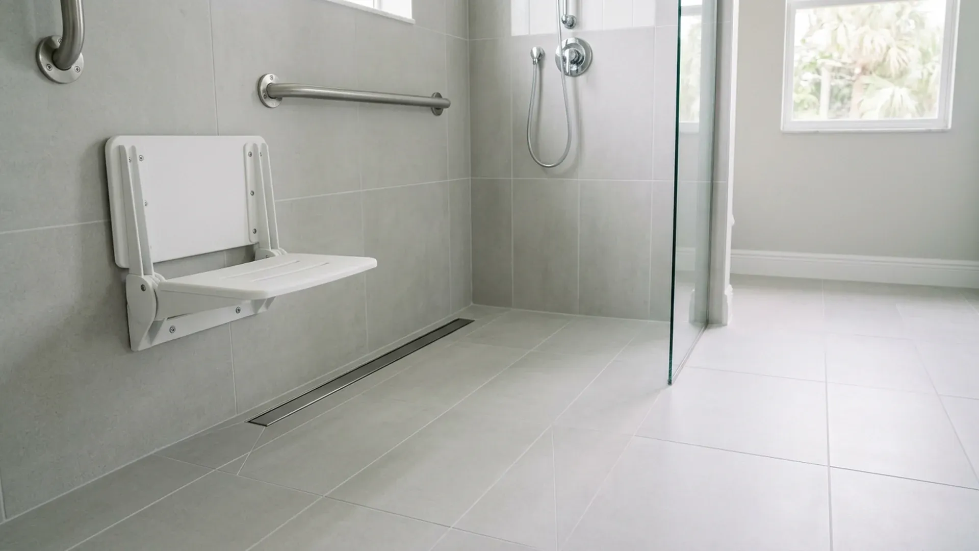 Curbless shower entry with flush tile floor, linear drain, shower seat and horizontal grab bar