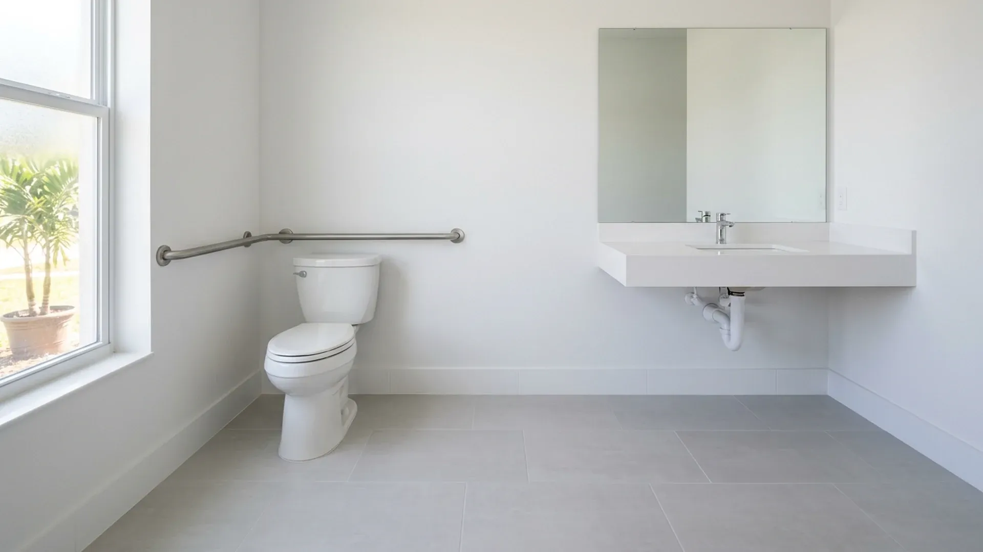 Comfort-height toilet with side grab bar beside a wall-mounted vanity with open knee space