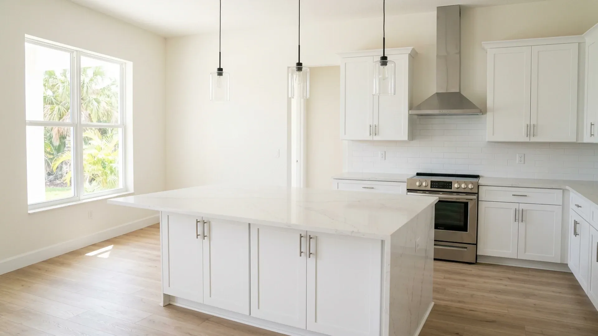 Bright Florida kitchen with a white cabinet island and a light veined quartz countertop