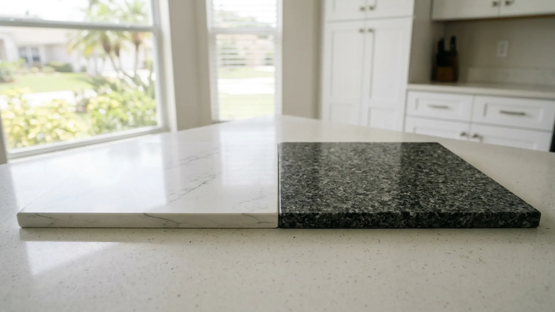 Two countertop samples side by side, white veined quartz and dark speckled granite