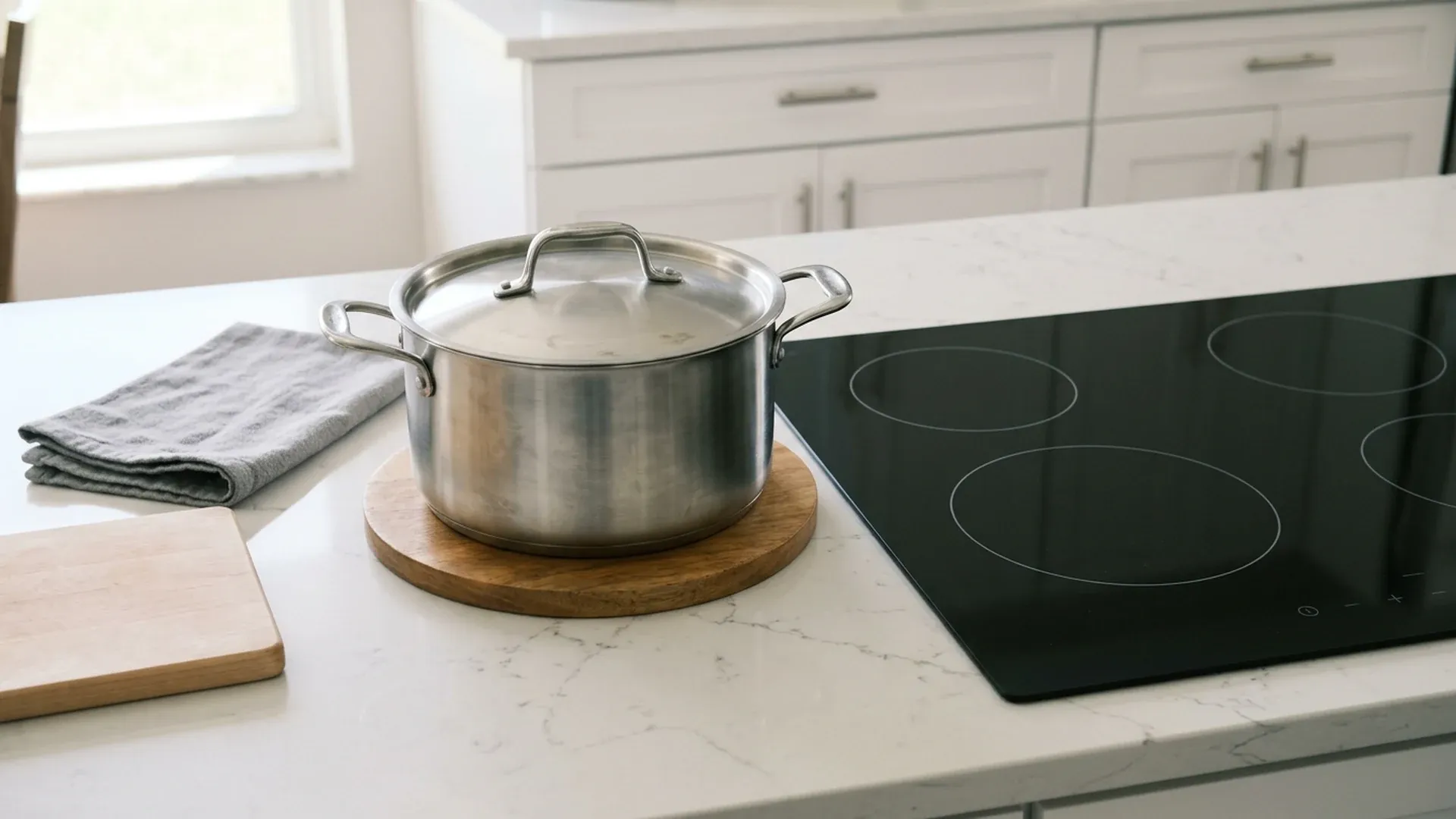 Pot on a trivet next to a cooktop on a light kitchen countertop