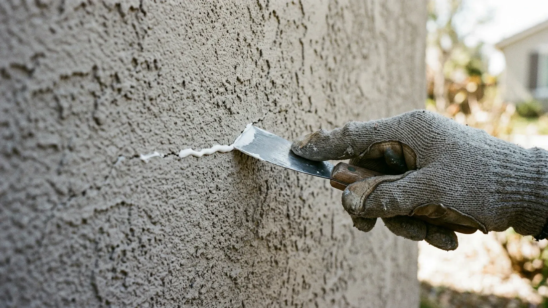 Gloved hand filling a crack in a textured stucco wall with a putty knife before painting