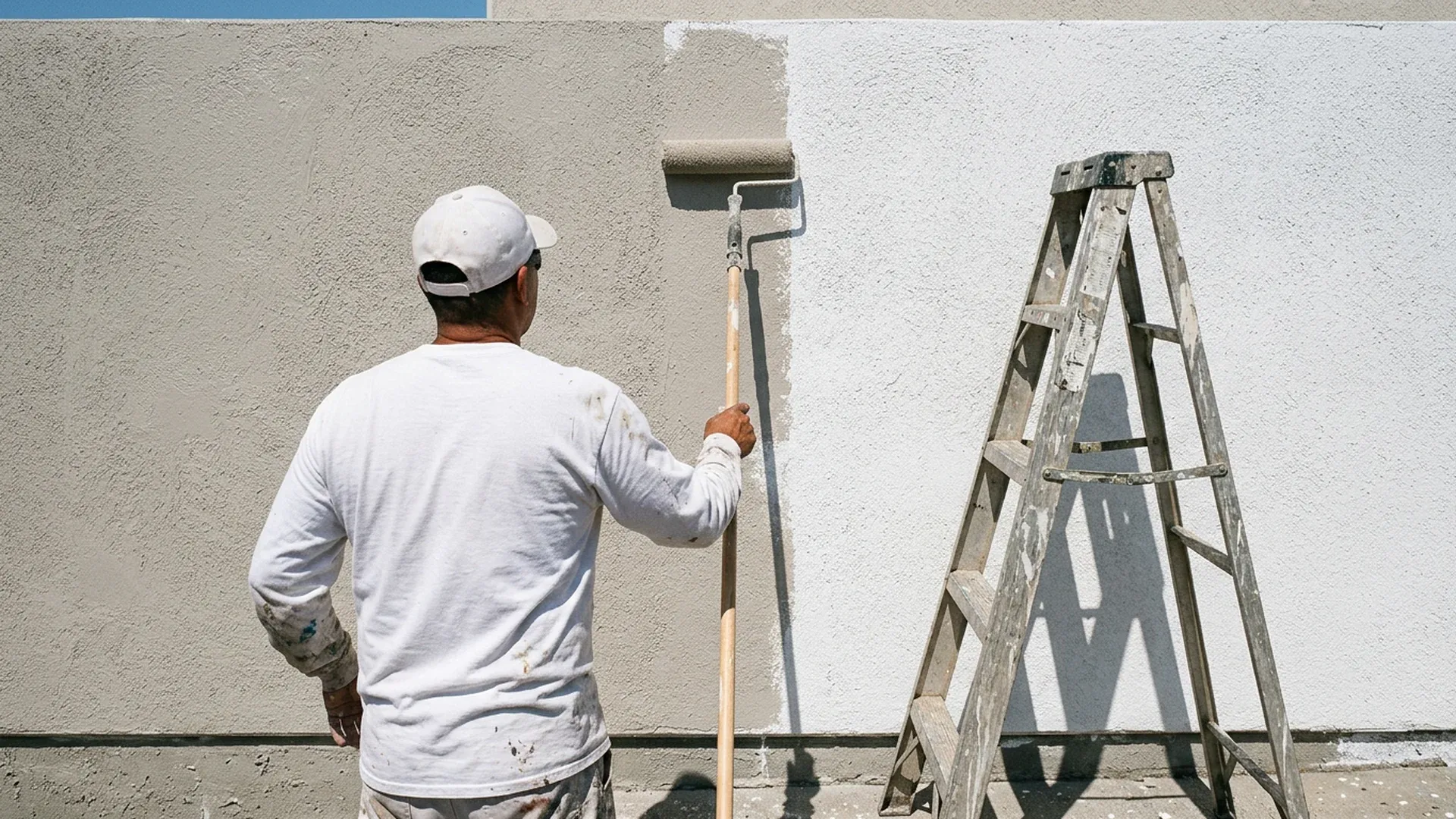 Painter seen from behind rolling paint onto a textured stucco wall with a roller on an extension pole