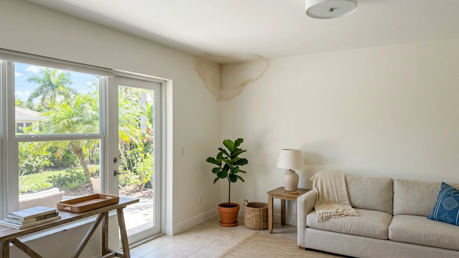 Water stain on a painted drywall wall and ceiling corner in a Florida living room