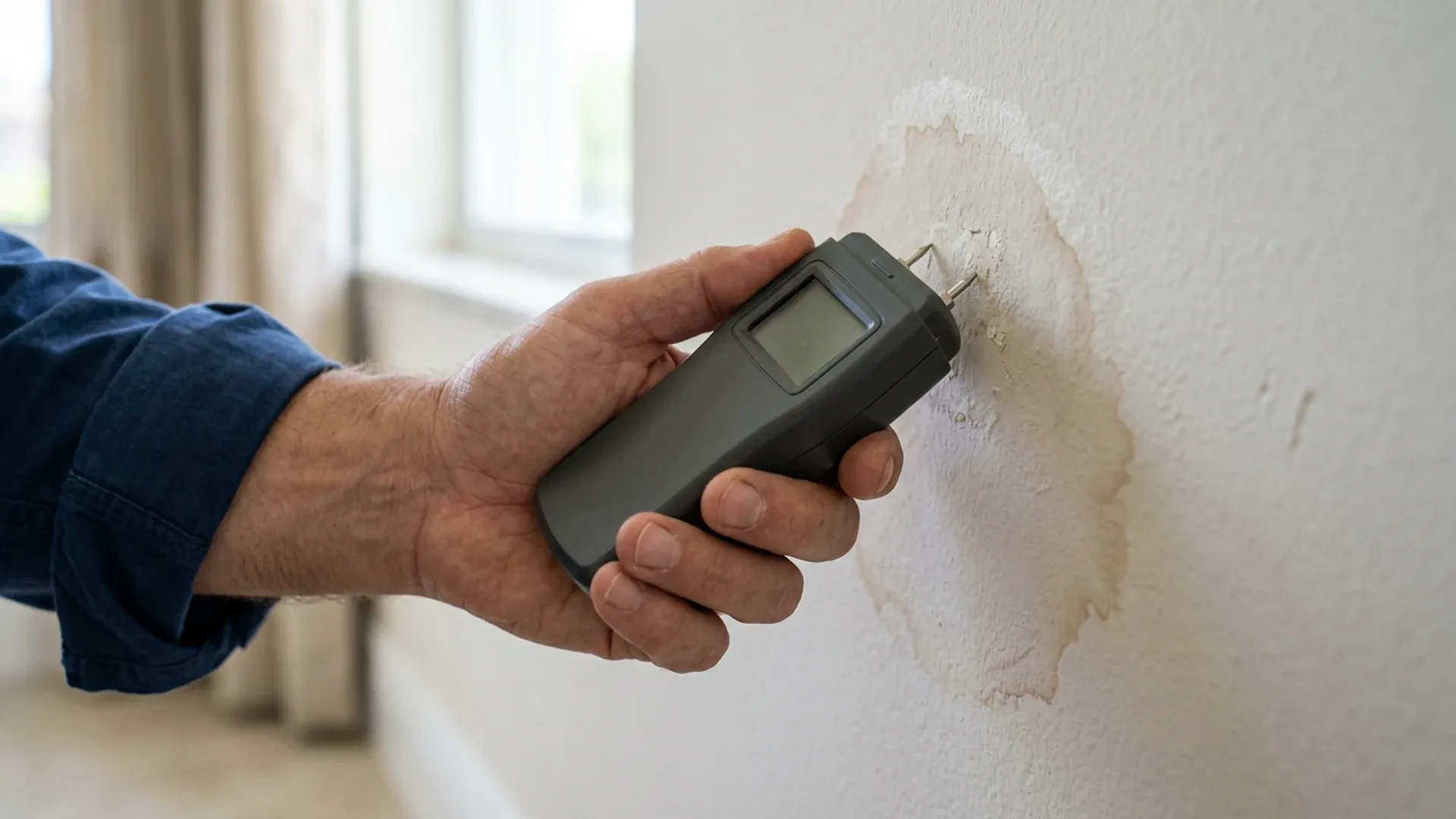 Hand pressing a moisture meter against a water-stained drywall wall