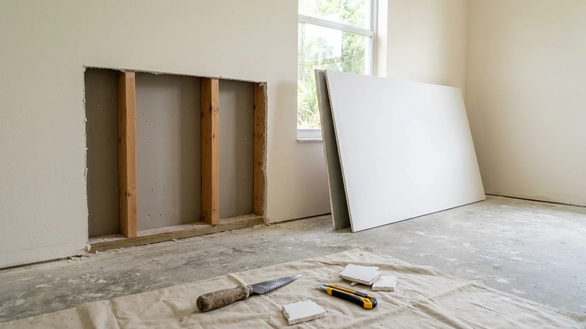 Wall with a rectangular section of drywall cut out, studs showing and new drywall sheets leaning nearby with a drywall saw and utility knife on a drop cloth