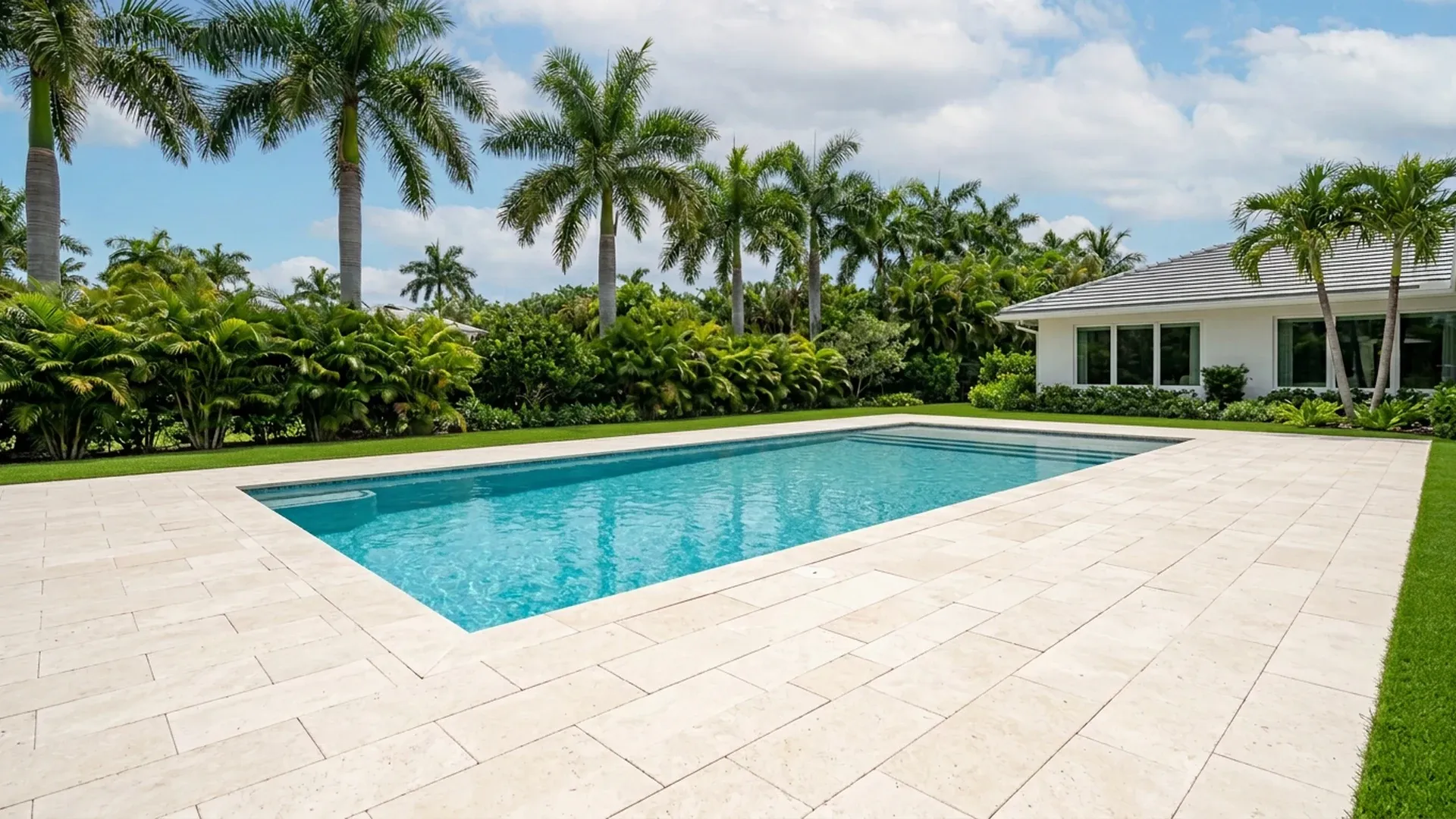 Southwest Florida pool with a cream paver deck, straight coping and palm trees in the background