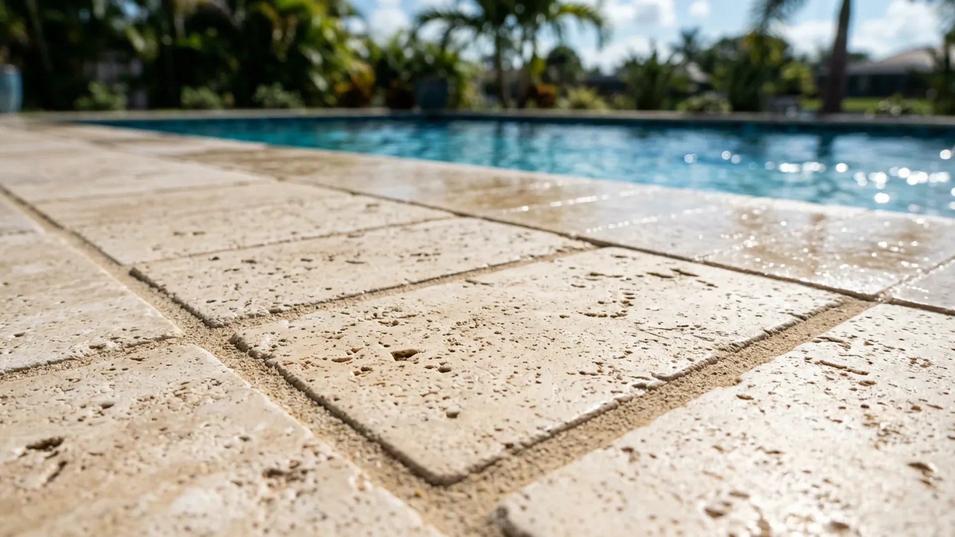 Close-up of cream travertine pavers with a textured surface and sand-filled joints beside a pool