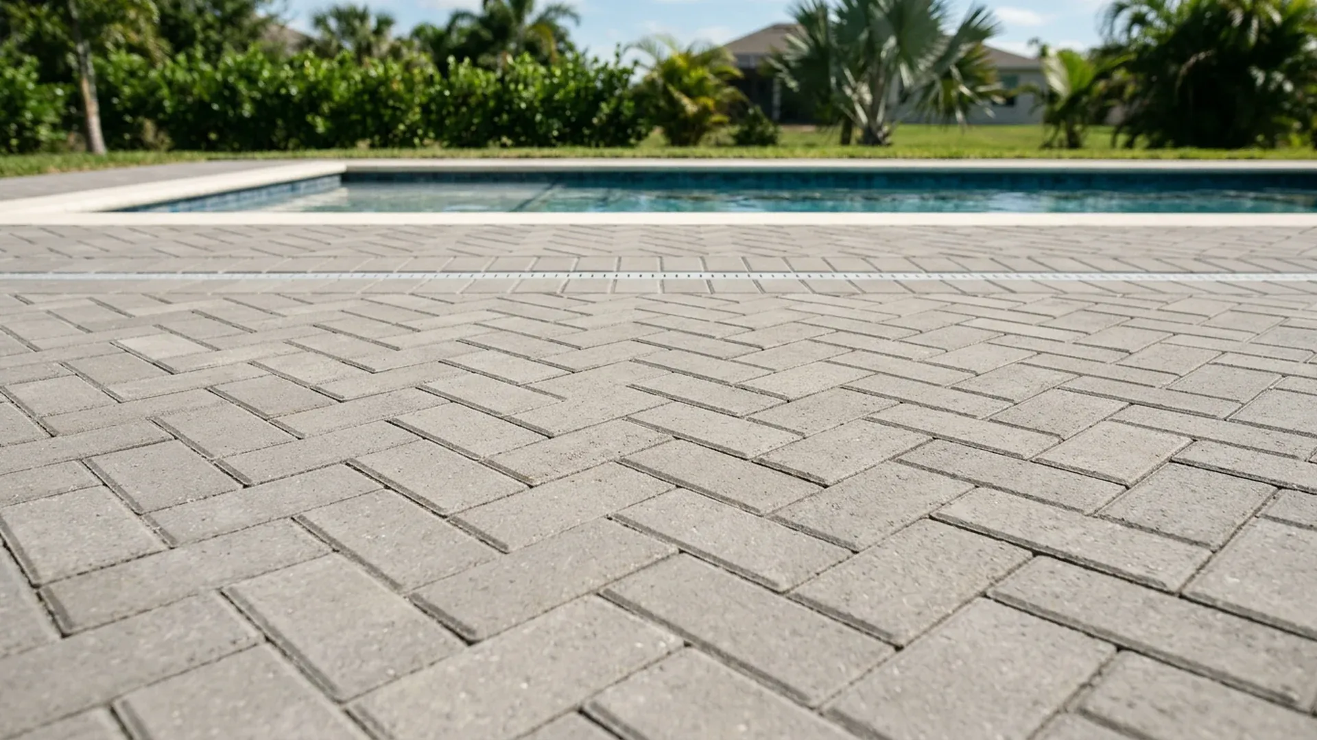 Pool deck with warm gray concrete pavers in a herringbone pattern and a slim linear drain