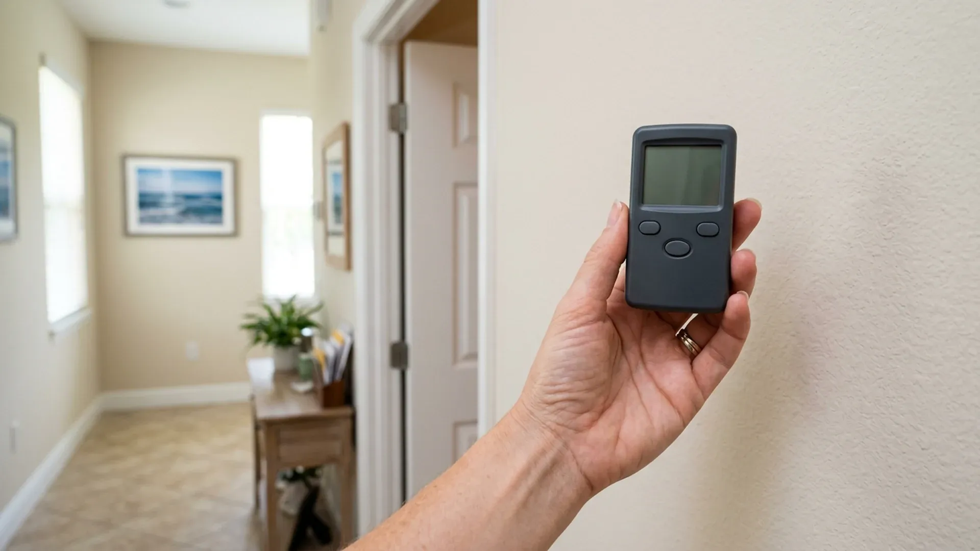 Hand holding a handheld meter with a blank screen against a clean cream hallway wall