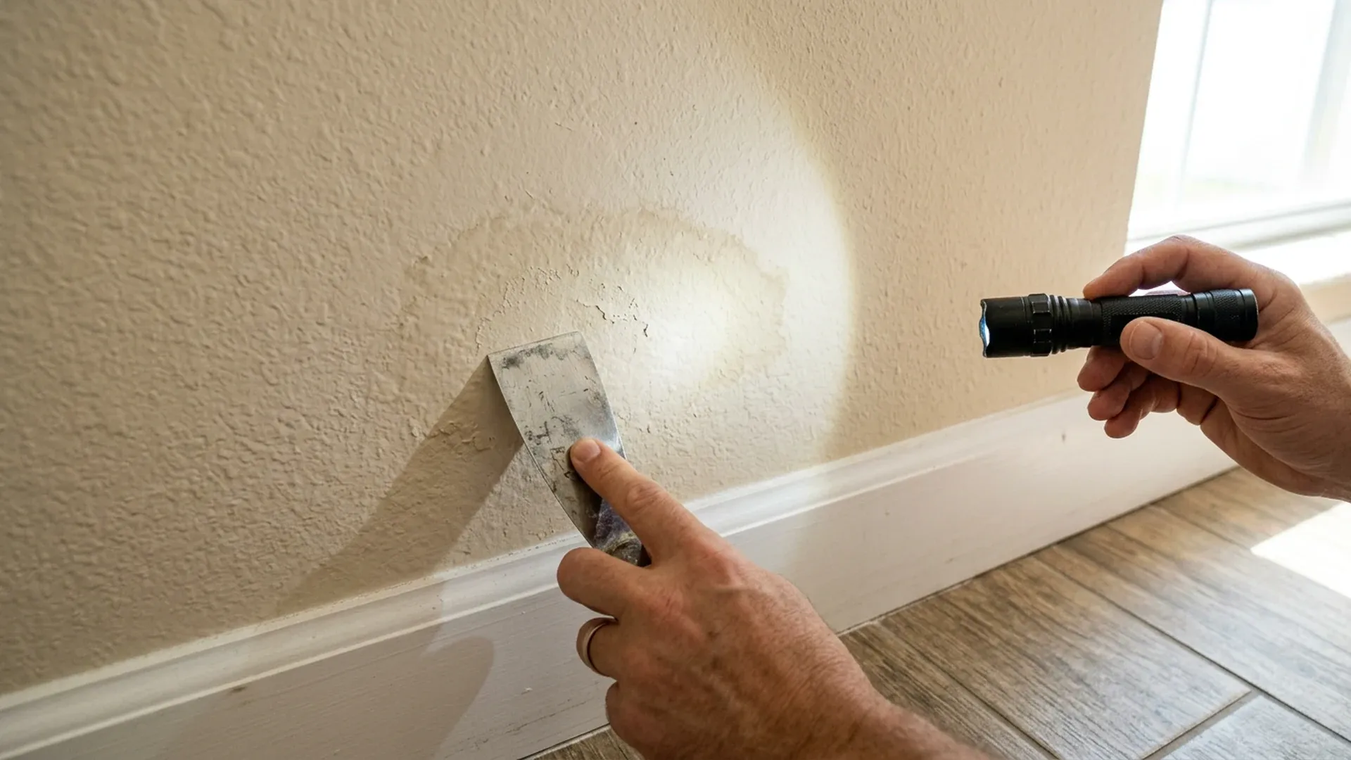 Hands holding a flashlight and a putty knife against a round stained patch with flaking paint above a baseboard