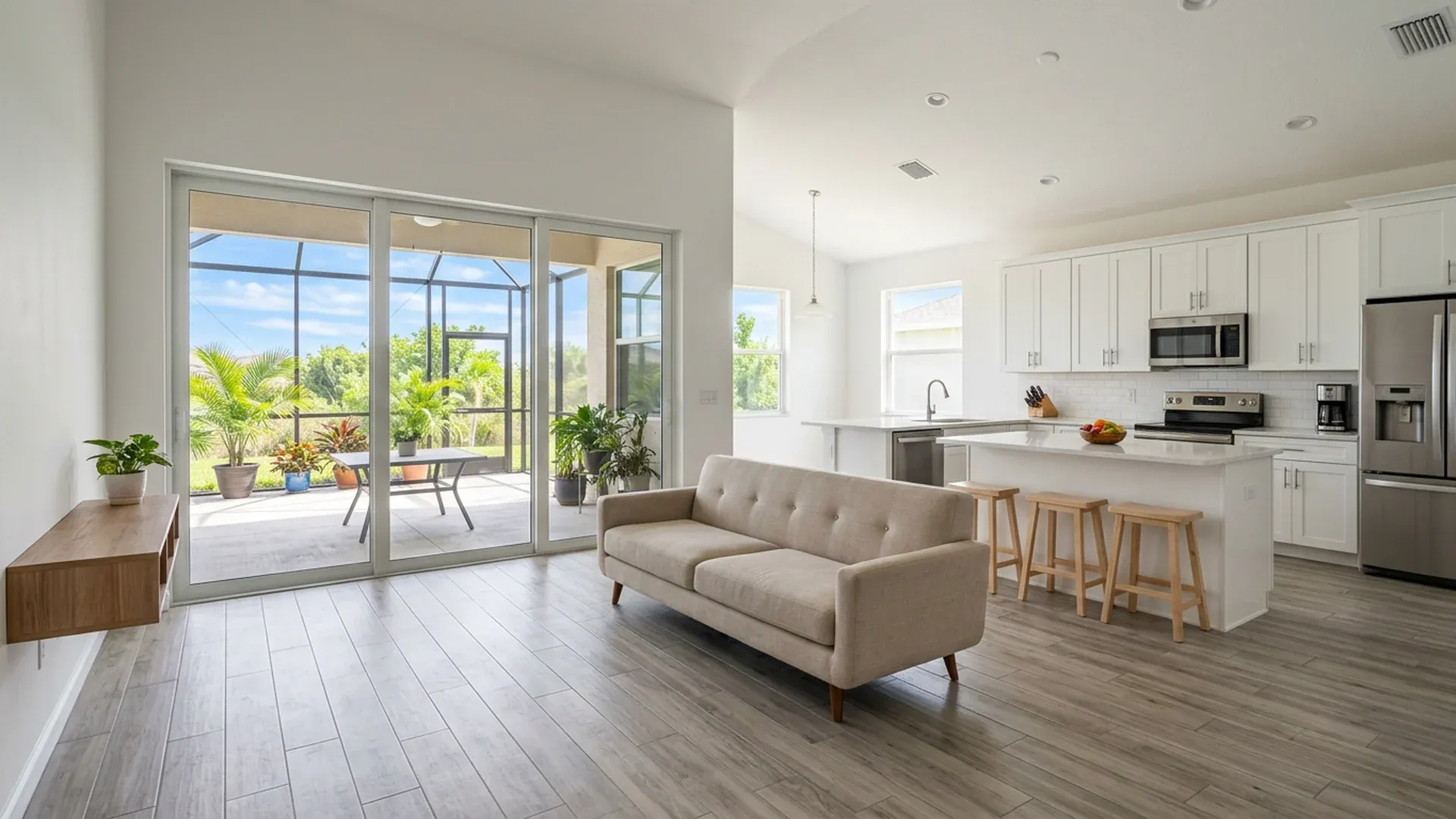 Open living room and kitchen with continuous wood-look plank flooring and a sliding glass door to a lanai
