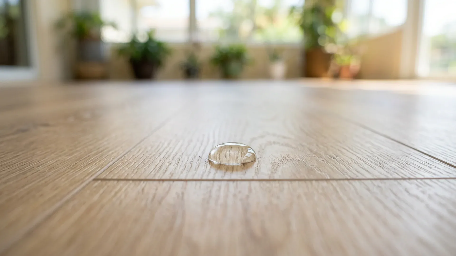 Water droplet beading on a light oak wood-look plank floor with tight plank joints