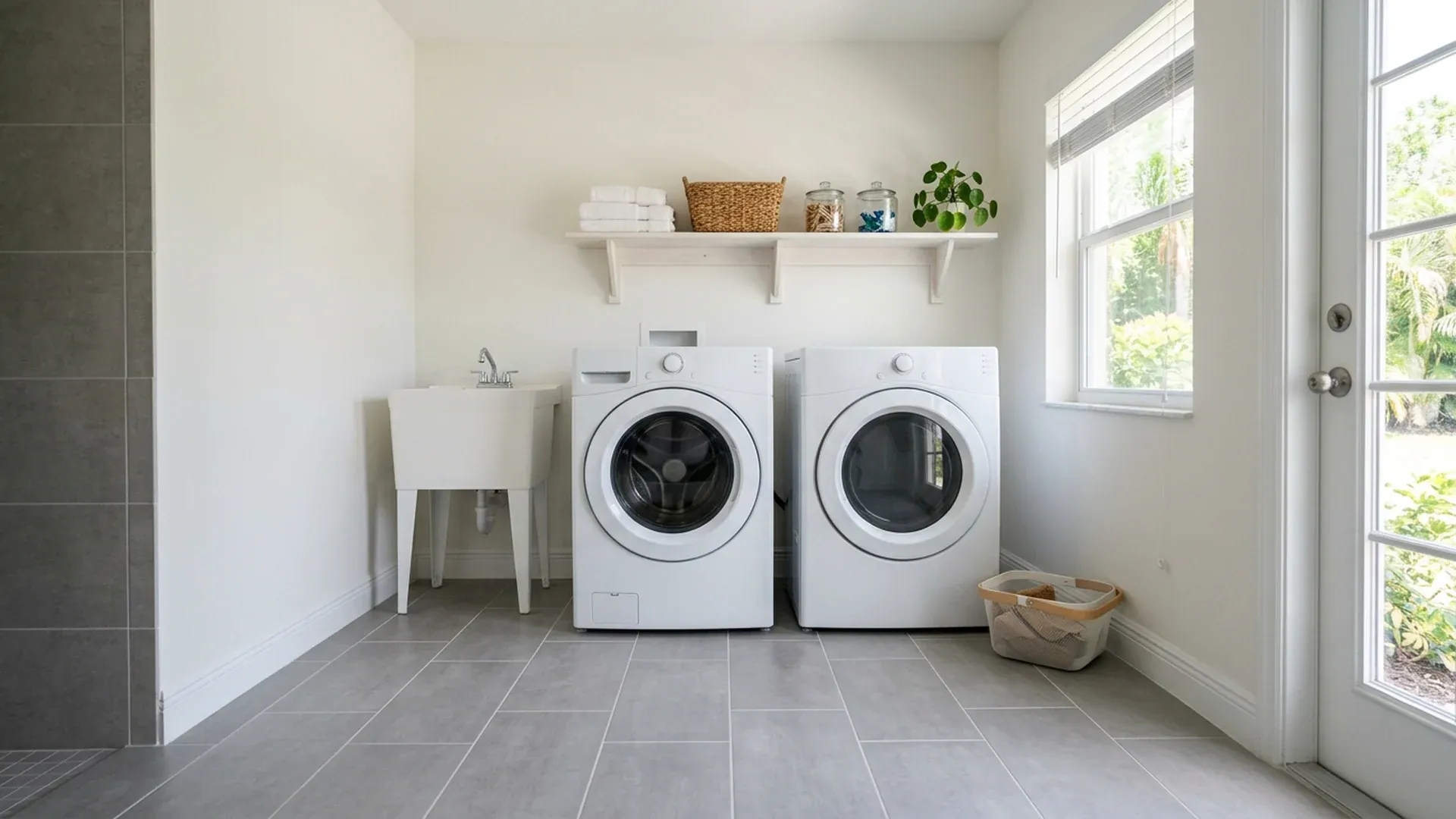 Dry laundry room with large gray tile floor, thin grout lines and a white washer and dryer
