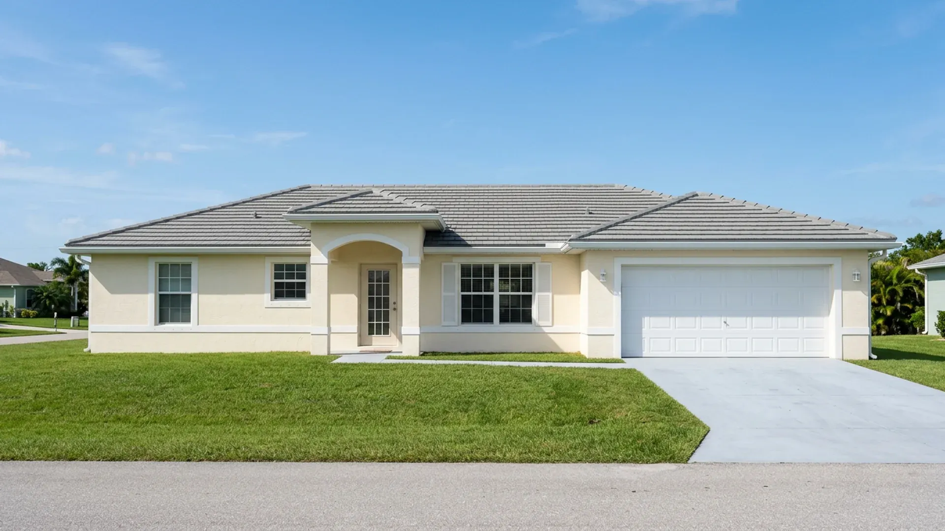Single-story cream stucco house with white trim, gray tile roof and two-car garage, lawn meeting the walls, blue sky
