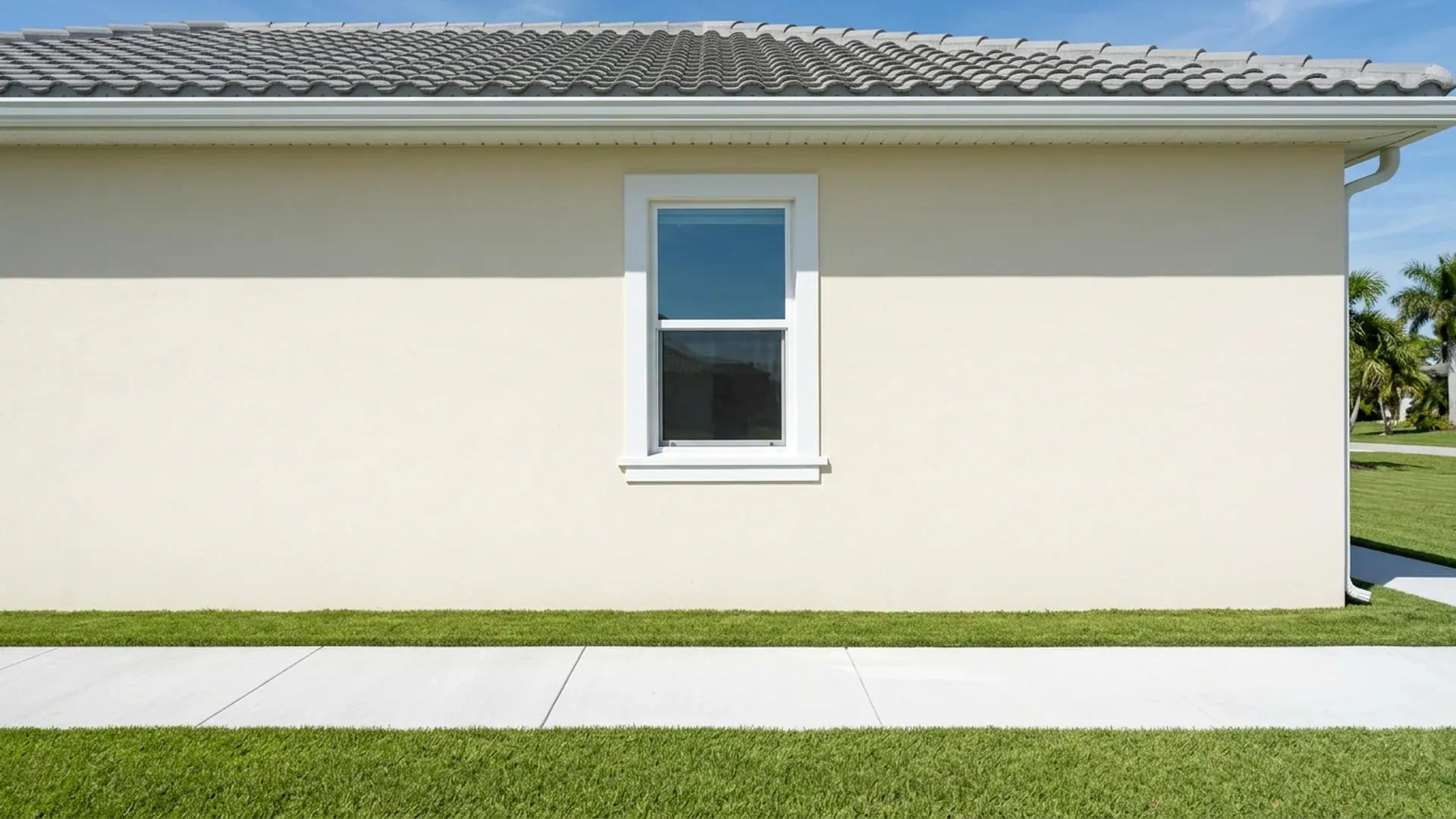 Sunlit cream stucco wall with a white-trimmed window, an eave shadow band and a clean light gray concrete walkway