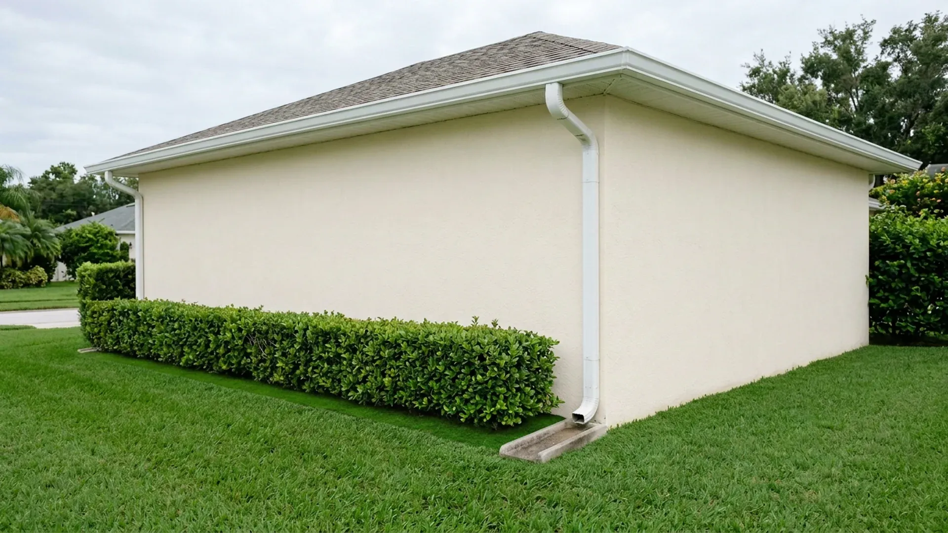 Cream stucco wall in soft overcast light with a white gutter, downspout and splash block beside a clipped hedge on a lawn